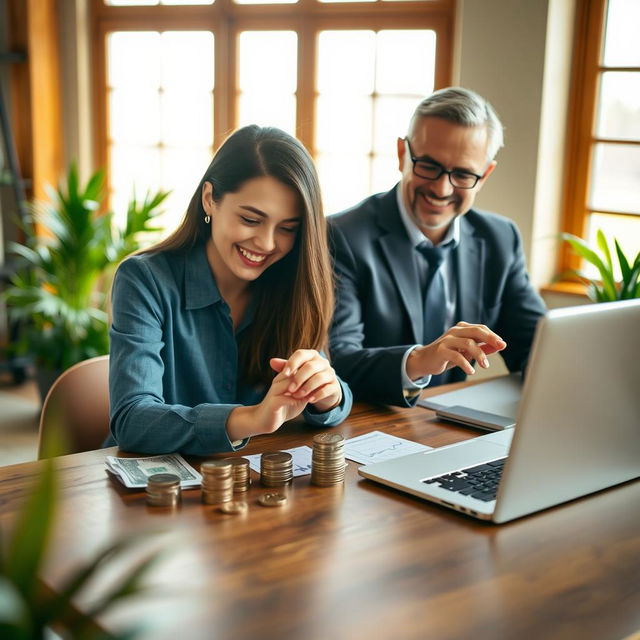 A young person, a young adult female, sitting at a stylish wooden table, smiling while counting coins and stacking paper bills in front of her, symbolizing saving money for the future