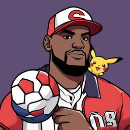 Close-up of LeBron James as a Pokémon trainer in Pokémon Red style, wearing Ash Ketchum's cap with Lakers logo and carrying a Poké Ball