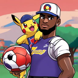 Close-up of LeBron James as a Pokémon trainer in Pokémon Red style, wearing Ash Ketchum's cap with Lakers logo and carrying a Poké Ball