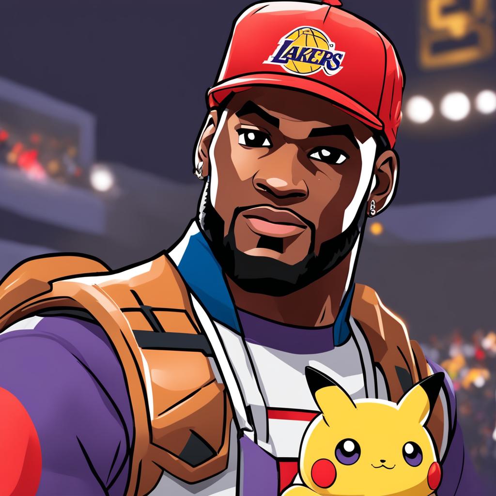 Close-up of LeBron James as a Pokémon trainer in Pokémon Red style, wearing Ash Ketchum's cap with Lakers logo and carrying a Poké Ball