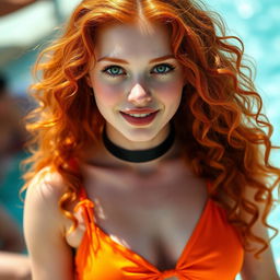 A female with striking red hair, featuring long, curly locks that cascade down her shoulders