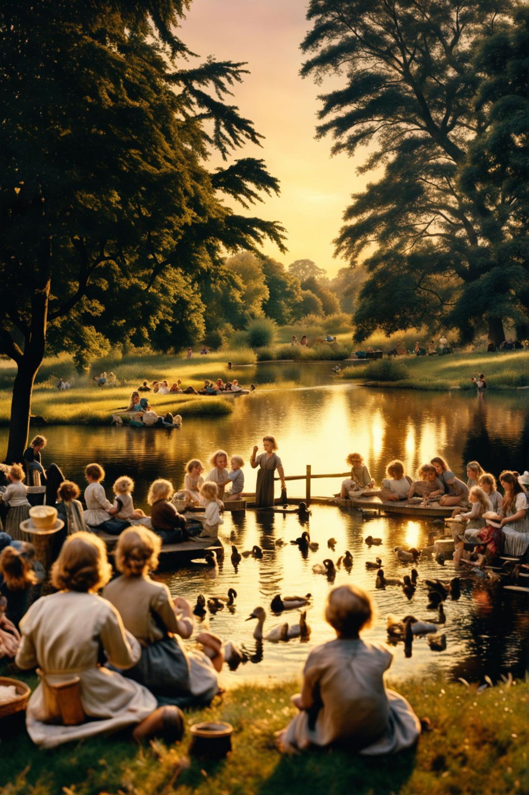 1800s England scene at golden hour with children feeding ducks at a pond, swans in distance and families having picnics under trees