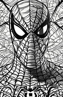 Close-up Marvel-style coloring page featuring Spider-Man's masked face with intricate web patterns.