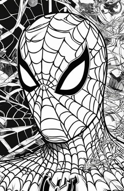 Close-up Marvel-style coloring page featuring Spider-Man's masked face with intricate web patterns.