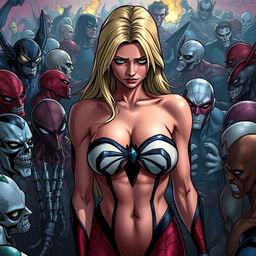 A sad blonde woman resembling a spider superhero wearing a strapless bikini, surrounded by a dense crowd of male Marvel villains