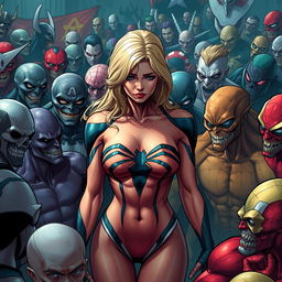 A sad blonde woman resembling a spider superhero wearing a strapless bikini, surrounded by a dense crowd of male Marvel villains