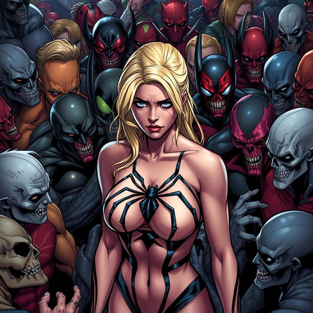 A sad blonde woman resembling a spider superhero wearing a strapless bikini, surrounded by a dense crowd of male Marvel villains