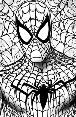 Close-up Marvel-style coloring page featuring Spider-Man's masked face with intricate web patterns.