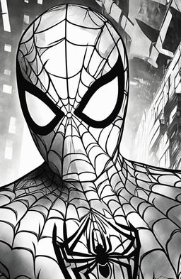 Close-up Marvel-style coloring page featuring Spider-Man's masked face with intricate web patterns.