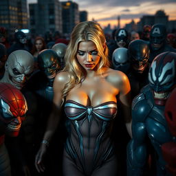 A sad blonde spiderwoman wearing a strapless bikini, surrounded by a dense crowd of Marvel villains