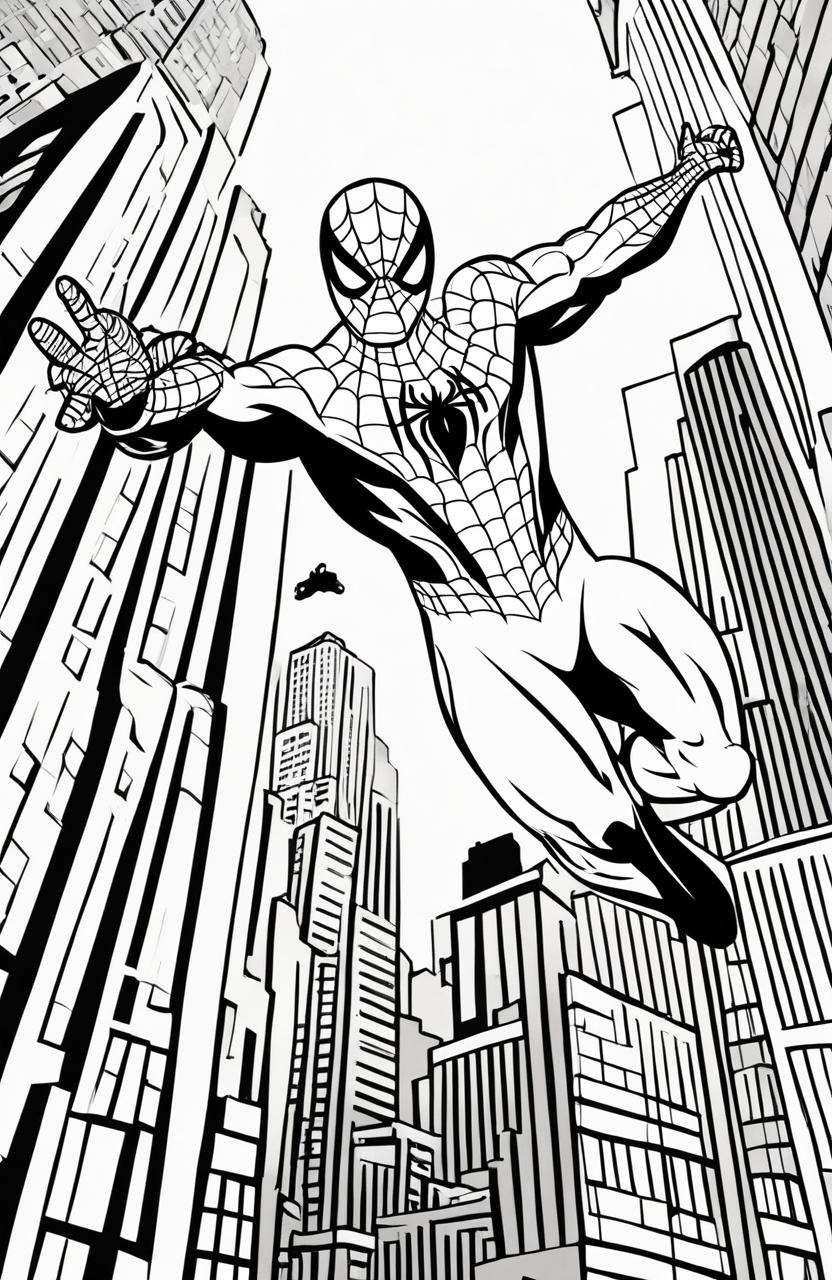 A simple Marvel-inspired coloring page featuring Spider-Man swinging through New York City's skyscrapers.