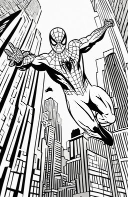 A simple Marvel-inspired coloring page featuring Spider-Man swinging through New York City's skyscrapers.