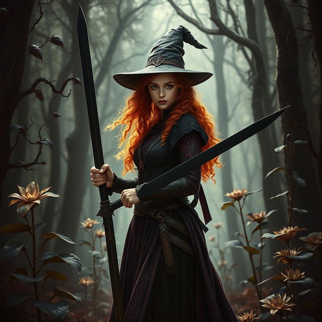 A fantasy book cover featuring a young and pretty witch standing gracefully in a mystical woods