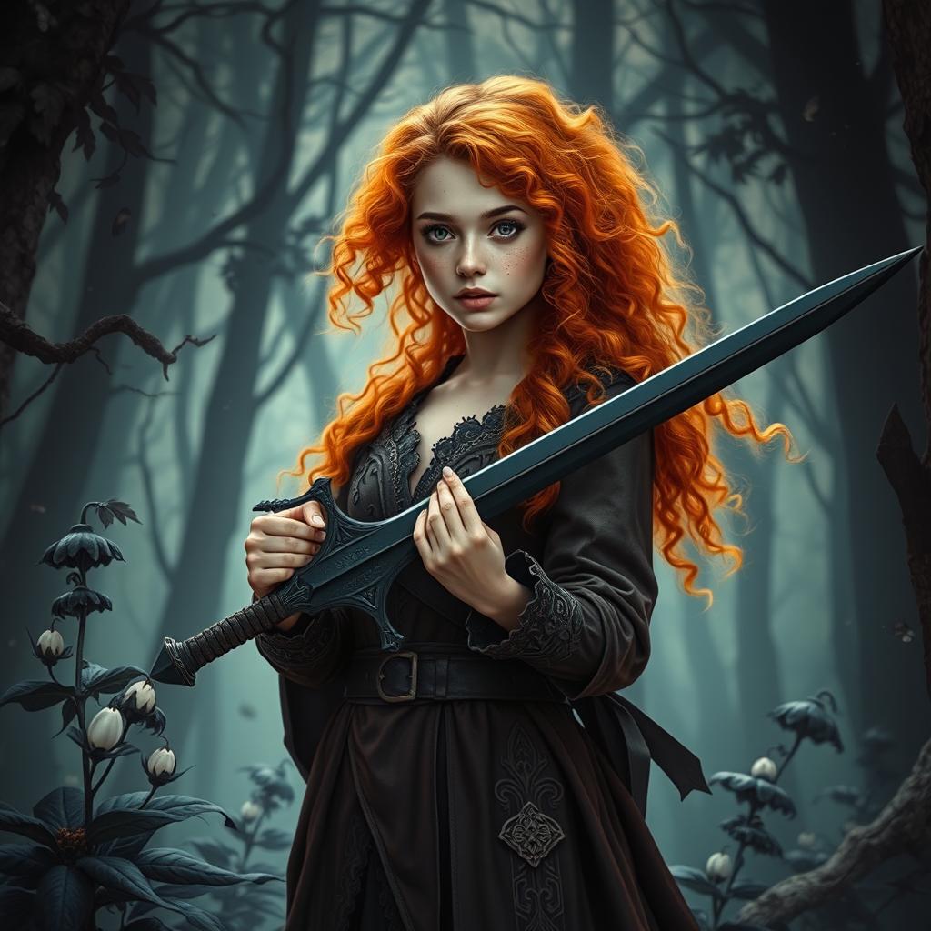 A fantasy book cover featuring a young and pretty witch standing gracefully in a mystical woods