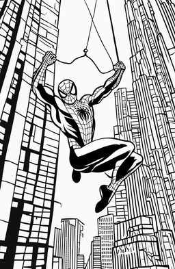 A simple Marvel-inspired coloring page featuring Spider-Man swinging through New York City's skyscrapers.