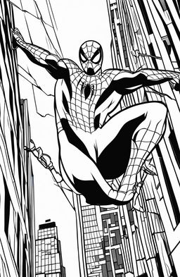 A simple Marvel-inspired coloring page featuring Spider-Man swinging through New York City's skyscrapers.