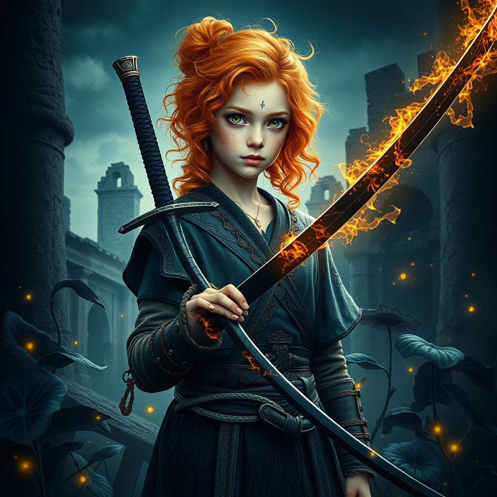 A captivating fantasy book cover featuring a teen pretty girl standing confidently in a mystical setting