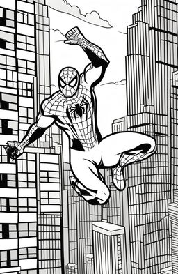 A simple Marvel-inspired coloring page featuring Spider-Man swinging through New York City's skyscrapers.