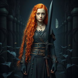 A striking fantasy book cover featuring a tall and pretty 20-year-old girl standing confidently in a mystical setting