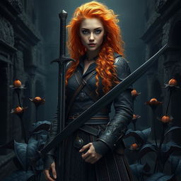 A striking fantasy book cover featuring a tall and pretty 20-year-old girl standing confidently in a mystical setting