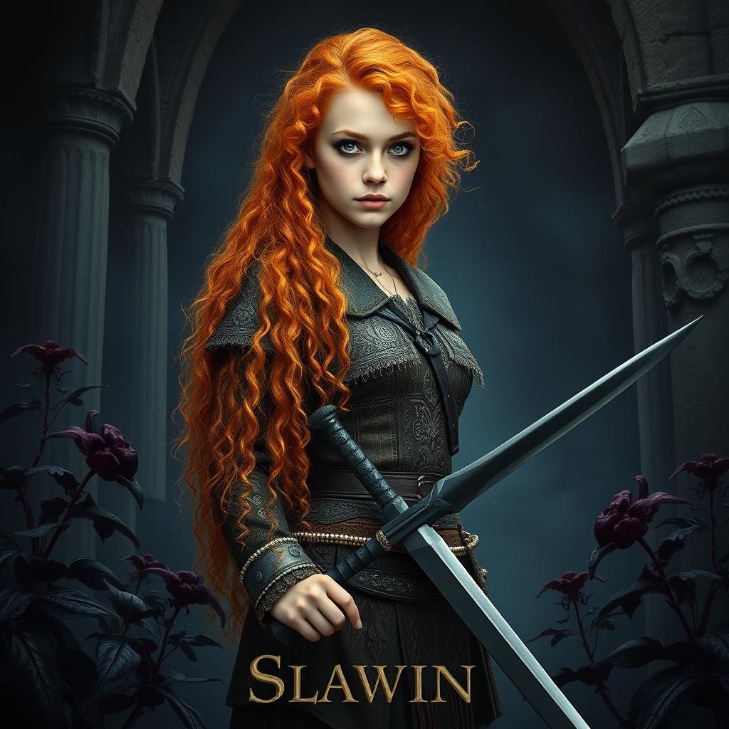 A striking fantasy book cover featuring a tall and pretty 20-year-old girl standing confidently in a mystical setting