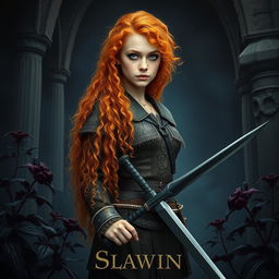 A striking fantasy book cover featuring a tall and pretty 20-year-old girl standing confidently in a mystical setting