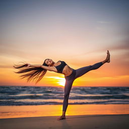 A stylish woman in yoga pants, performing an advanced yoga pose on a serene beach at sunset