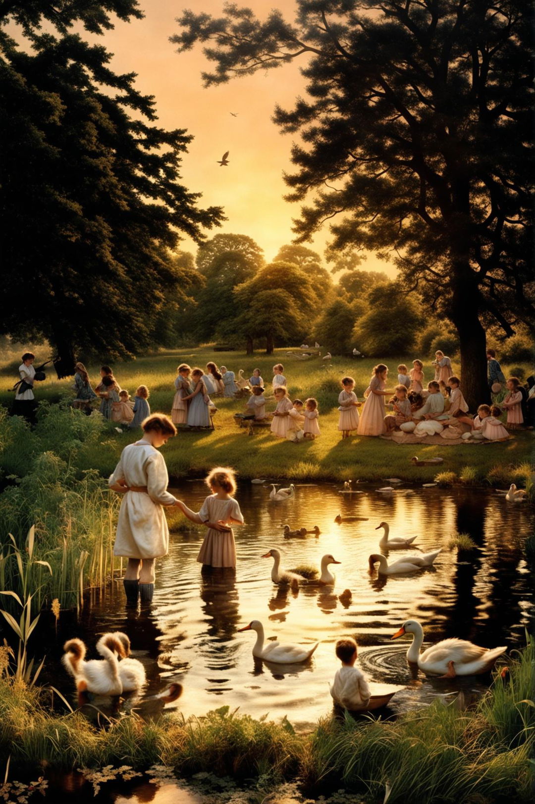 Cinematic photograph of three children feeding ducks at a pond during golden hour in 1800s England, with distant picnics under trees and swans on the water