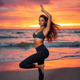 A stylish woman in yoga pants, performing an advanced yoga pose on a serene beach at sunset