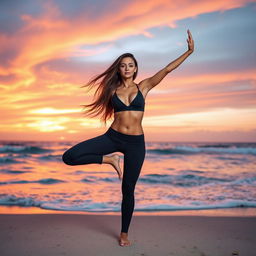 A stylish woman in yoga pants, performing an advanced yoga pose on a serene beach at sunset