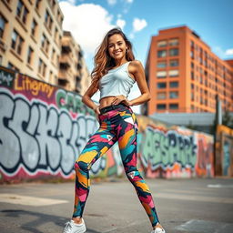 A fashion-forward young woman wearing trendy leggings, striking a playful pose in an urban setting