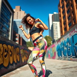 A fashion-forward young woman wearing trendy leggings, striking a playful pose in an urban setting