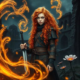 A mesmerizing fantasy book cover featuring a tall and natural 20-year-old girl standing assertively in an enchanting landscape