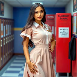 A young woman wearing a stylish school dress that accentuates her curves, showcasing her confident demeanor
