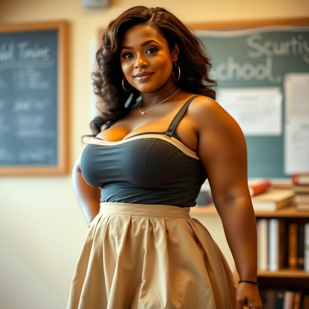 A voluptuous woman in a classic school dress, showcasing a charming yet sophisticated aesthetic