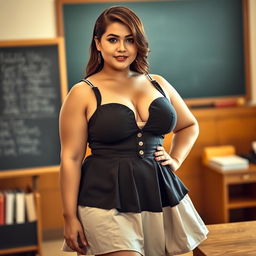A voluptuous woman in a classic school dress, showcasing a charming yet sophisticated aesthetic