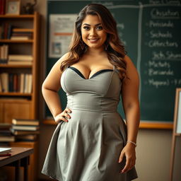 A voluptuous woman in a classic school dress, showcasing a charming yet sophisticated aesthetic