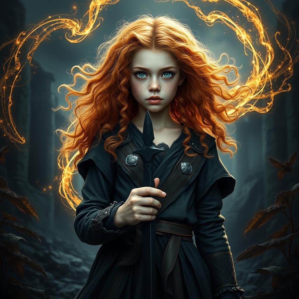 An intriguing fantasy book cover featuring a tall and natural 25-year-old girl standing at a distance, embodying an arcane-like character