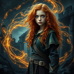 An intriguing fantasy book cover featuring a tall and natural 25-year-old girl standing at a distance, embodying an arcane-like character