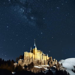 Generate an image of a majestic castle perched atop a snow capped mountain under a starry night sky