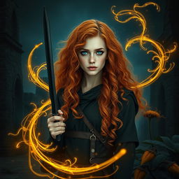 An engaging fantasy book cover featuring a tall, natural 25-year-old woman standing at a distance, exuding an arcane-like presence