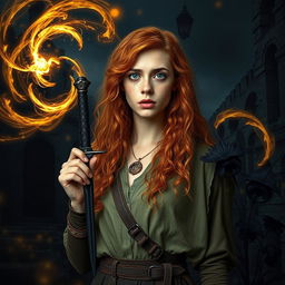 An engaging fantasy book cover featuring a tall, natural 25-year-old woman standing at a distance, exuding an arcane-like presence