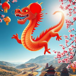 A vibrant and attractive Chinese dragon soaring through a clear blue sky, surrounded by traditional Chinese lanterns and cherry blossoms