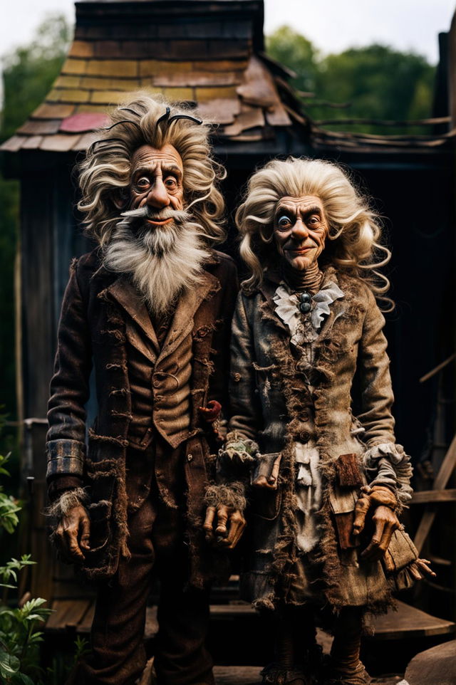 Real-life versions of Mr. and Mrs. Twit from Roald Dahl's 'The Twits', standing in front of their infamous house.