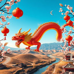 A vibrant and attractive Chinese dragon soaring through a clear blue sky, surrounded by traditional Chinese lanterns and cherry blossoms