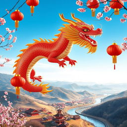 A vibrant and attractive Chinese dragon soaring through a clear blue sky, surrounded by traditional Chinese lanterns and cherry blossoms