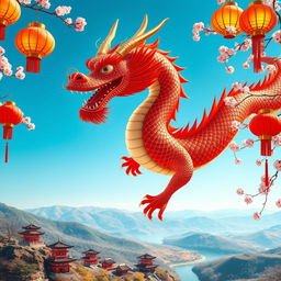 A vibrant and attractive Chinese dragon soaring through a clear blue sky, surrounded by traditional Chinese lanterns and cherry blossoms