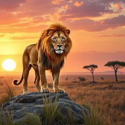A majestic lion in its natural habitat, with a golden mane flowing in the wind, standing proudly on a rocky outcrop overlooking the savanna