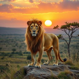A majestic lion in its natural habitat, with a golden mane flowing in the wind, standing proudly on a rocky outcrop overlooking the savanna