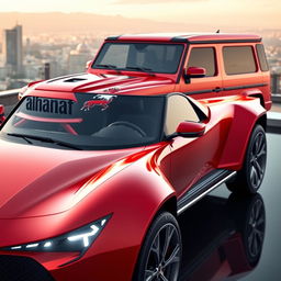 A stunning hybrid car design that combines elements of a LaFerrari and a G-Wagon, featuring sleek aerodynamic lines of the LaFerrari merged with the rugged, robust stance of the G-Wagon